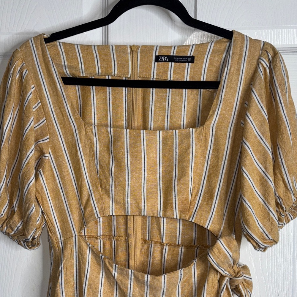 Zara Mustard Striped Dress with Tie Detail